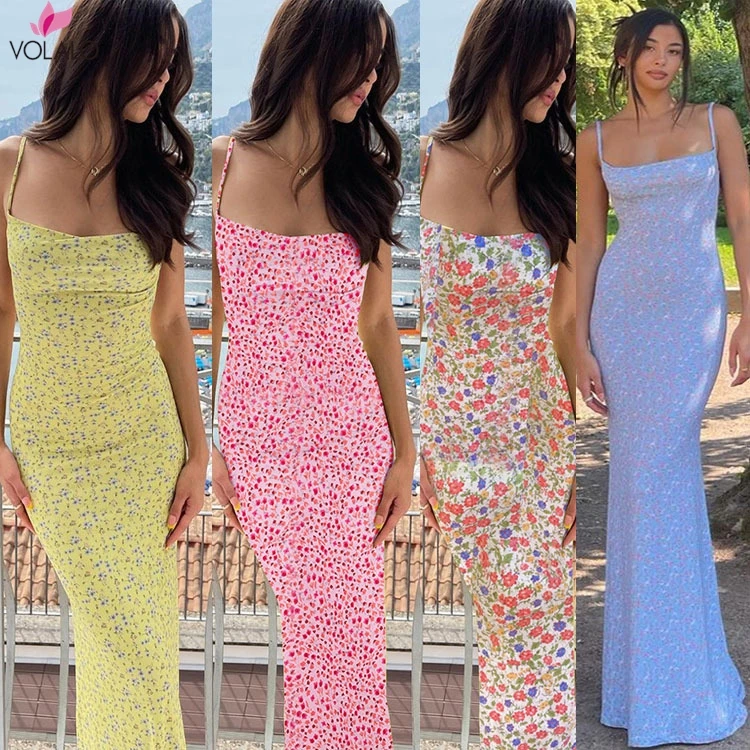 

VOLALO 2024 Summer Dress Slim-Fit Backless Sexy Spaghetti Strap Lace Up Elegant Small Flower Print Maxi Sundress for Women