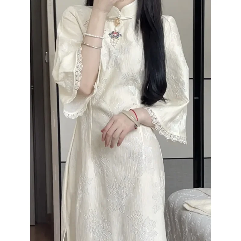 

Весеннее китайское кружевное платье Cheongsam Qipao, элегантное женское винтажное классическое платье больших размеров с вышивкой