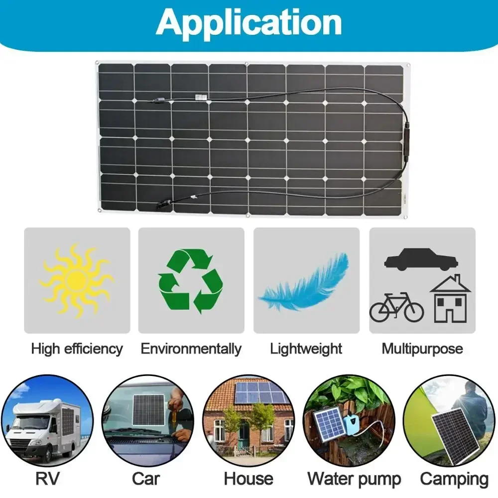 1000w Flexible Solar Panel 12v 24v Panel Solar 100w Monocrystalline Battery Charger for Rv Electric Car Camping Yacht