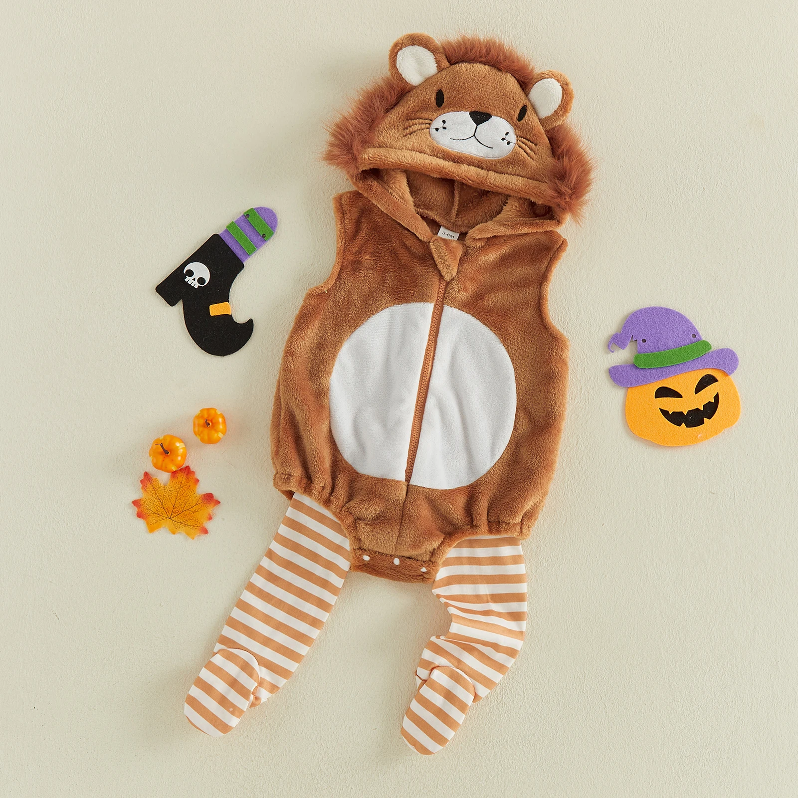 0-18M Baby Sleeveless Halloween Romper Dinosaur/Lion/Cow Fleece Hooded Jumpsuit with Striped Leg Warmers for Infant Boys Girls
