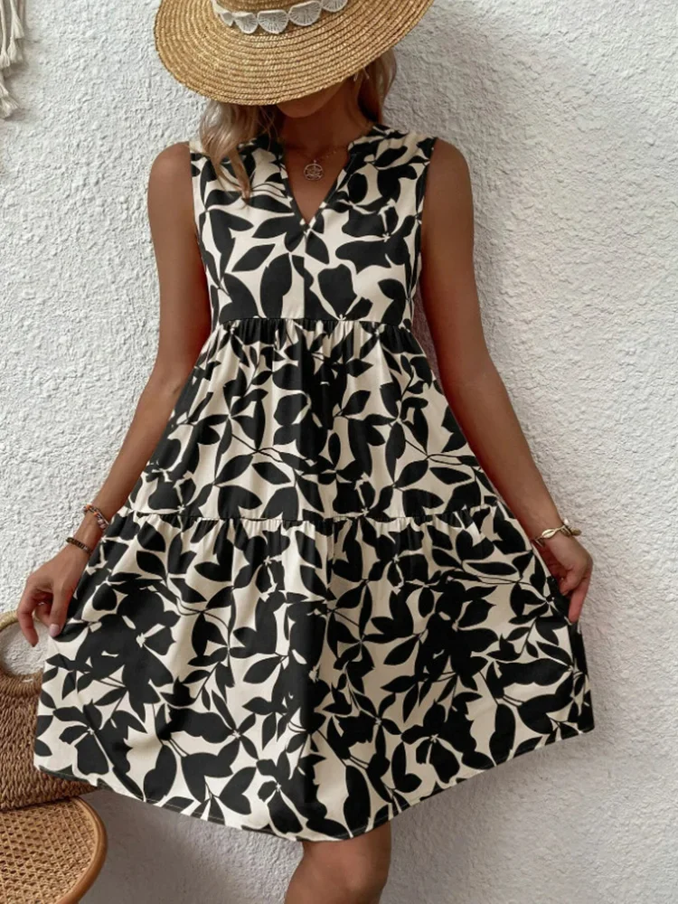 Vrouwen Boho Print Mini-jurk Zomer Elegante Mouwloze V-hals Ruche A-lijn Tankjurk Casual Losse Oversize Beach Party Zonnejurk