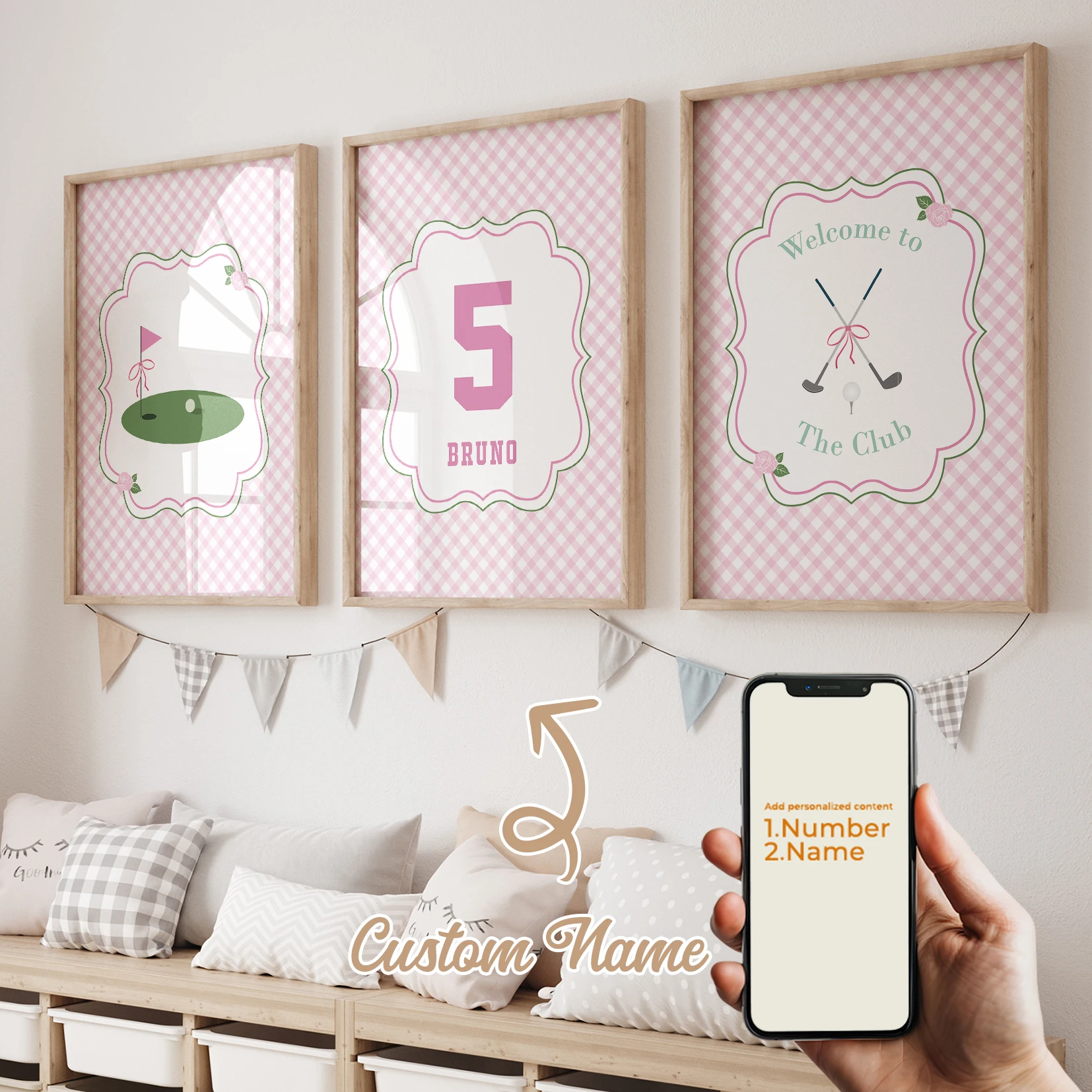 

Modern Personalized Name Custom Pink Golf Course Bow Wall Art Print Canvas Painting Poster Picture For Kids Room Home Decor