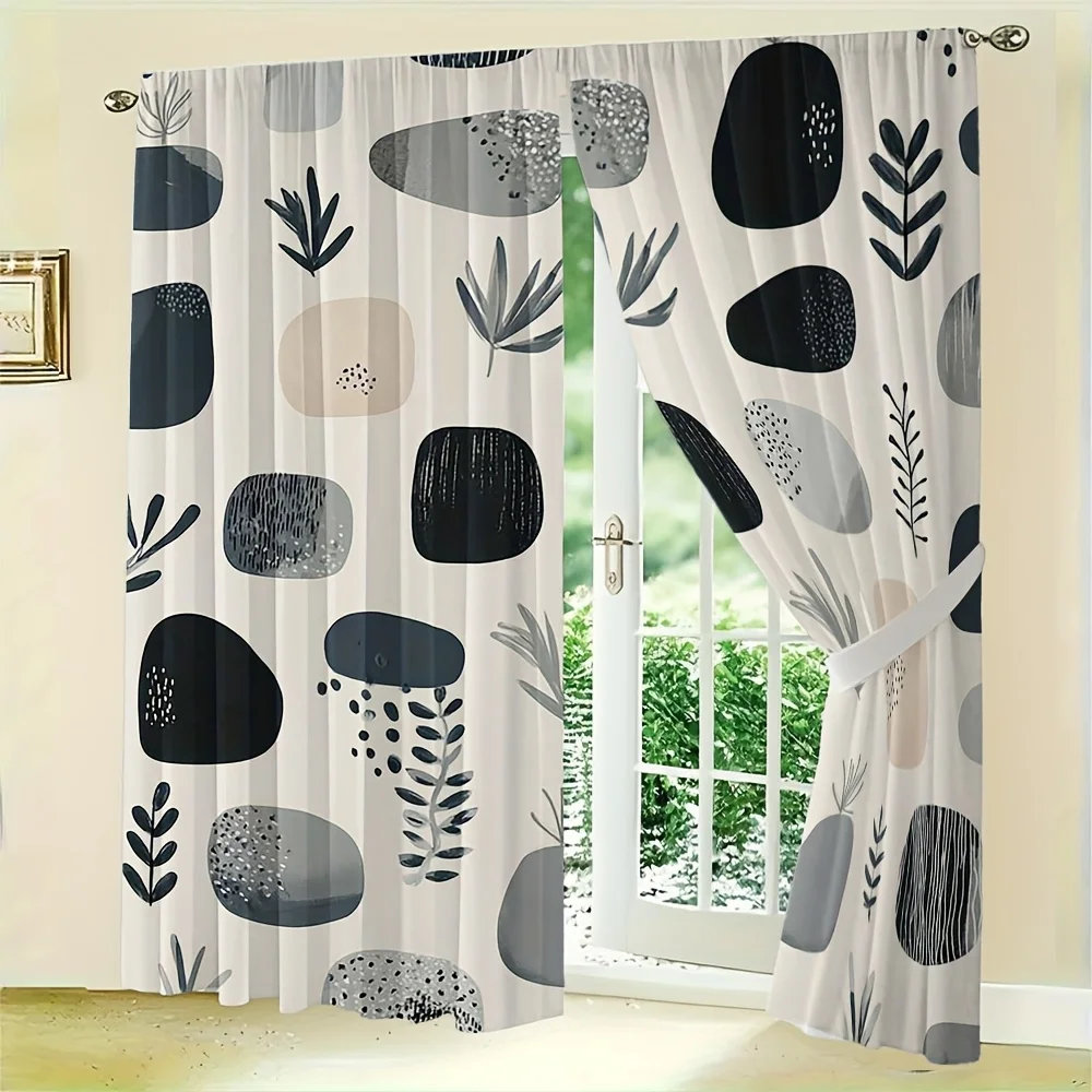 2pcs Pebble & Leaf Curtains No Rod — Cream Base, Abstract Black/Grey Beige Stones with Botanical Motifs, Sheer Polyester for