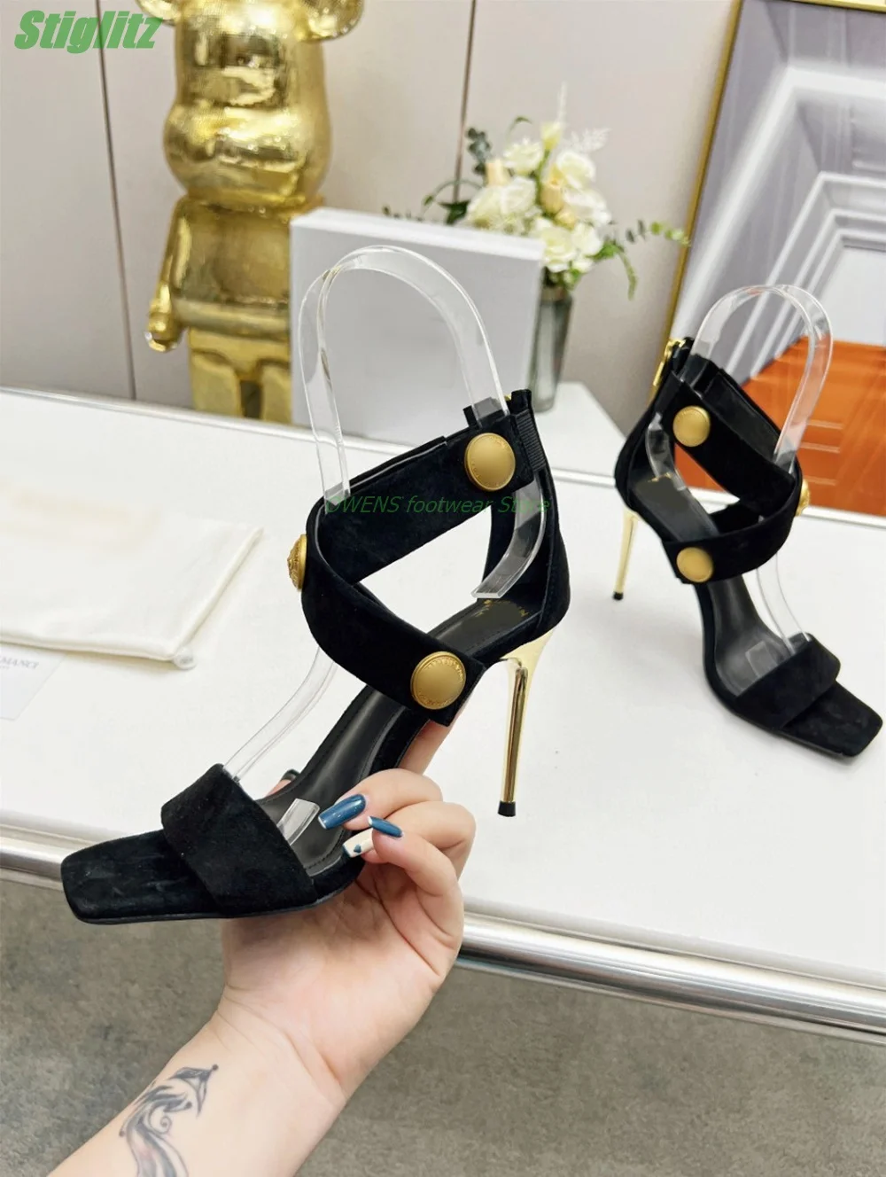 

Cross Straps Sandals Metal Thin High Heel Sexy Black Women Shoes Square Toe Zip Fashion Summer Strappy Party Shoes Button