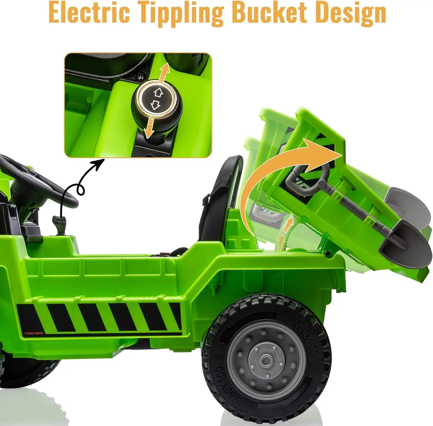 Camion à benne électrique pour enfants 12V. Véhicule de construction avec télécommande, moteurs à deux vitesses, MP3/USB, lumières, klaxon, automatique