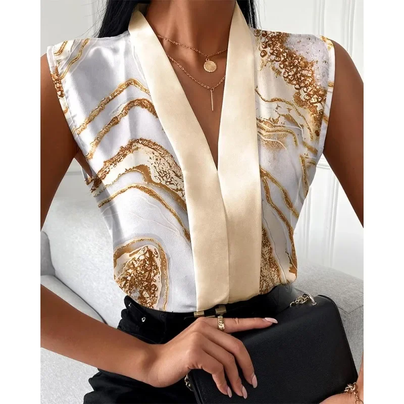 Nowe damskie koszule biurowe Letnia dama bez rękawów z dekoltem w szpic Elegancka damska bluzka Top Streetwear Odzież damska