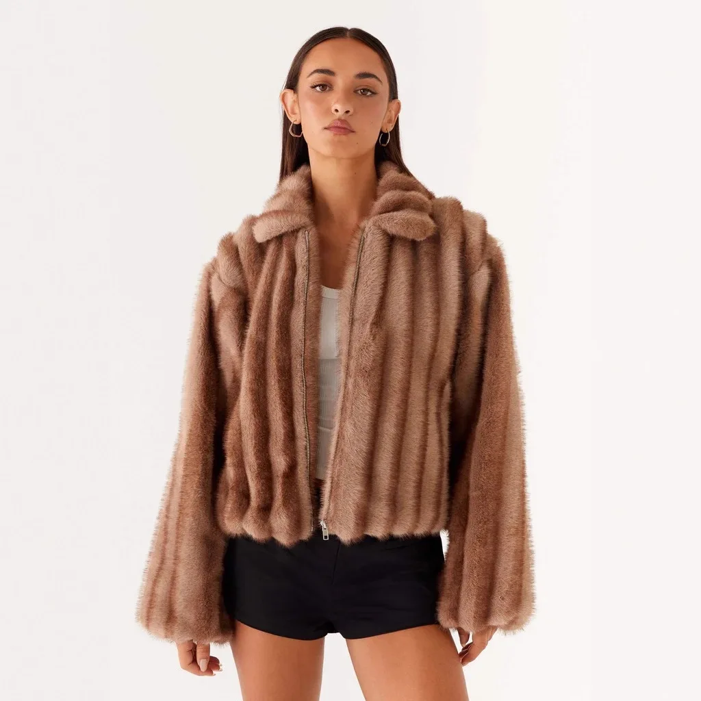 

KIDCRKJ Faux Fur Women's Coat Turn-down Collar Full Sleeve Zipper lady mink fur jacket Loose High Street Thick Warm Lady Outwear