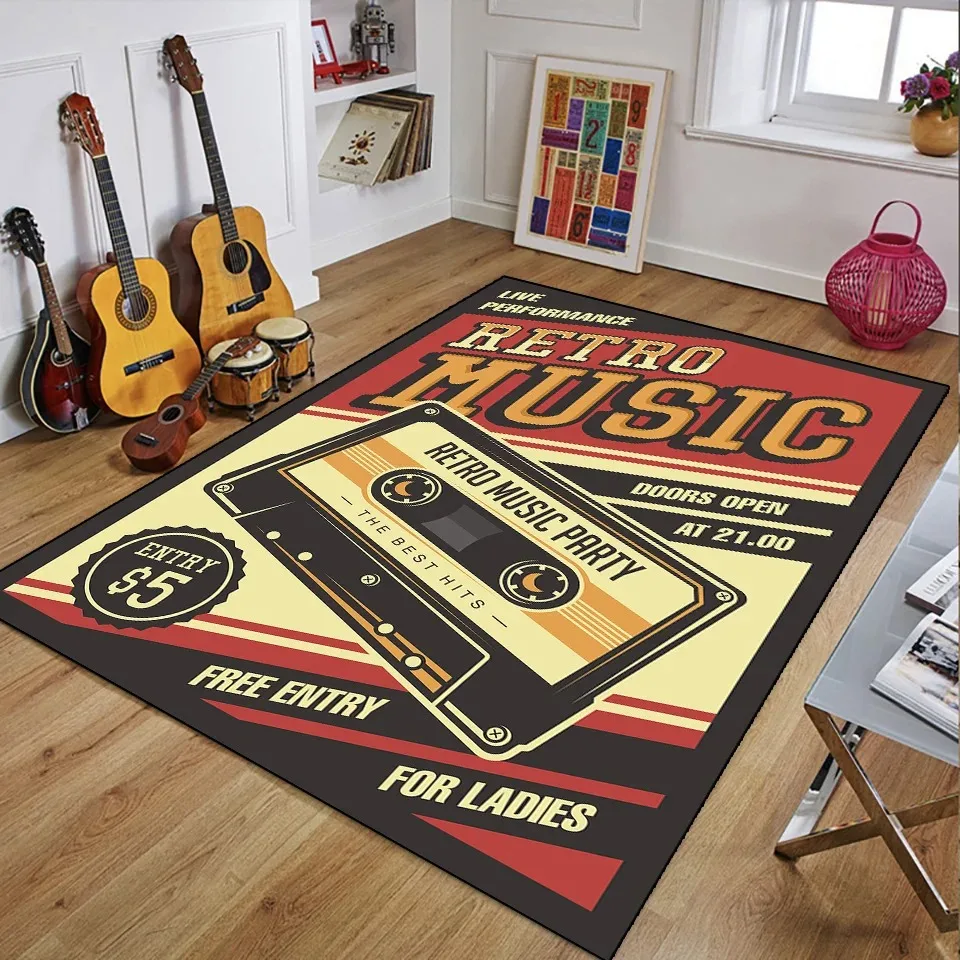Retro Music Theme Area Rug with Cassette Jazz Guitar Rock Patterns Absorbent Floor Mat for Living Room Bedroom Home Decor