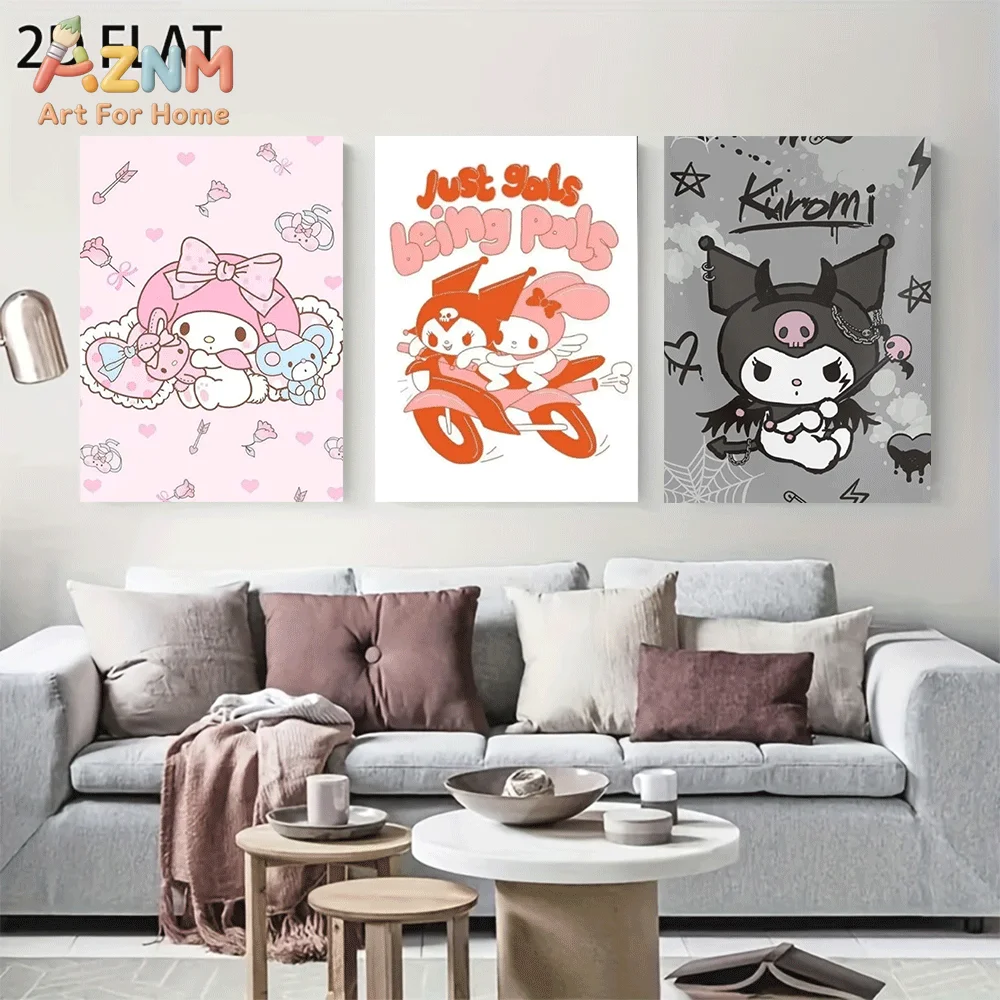 AZNM Sanrio My Melody Kuromi Canvas Wall Art Unframed Cute Cartoon Biker Gothic Heart Theme Print Painting Girls Bedroom Home De