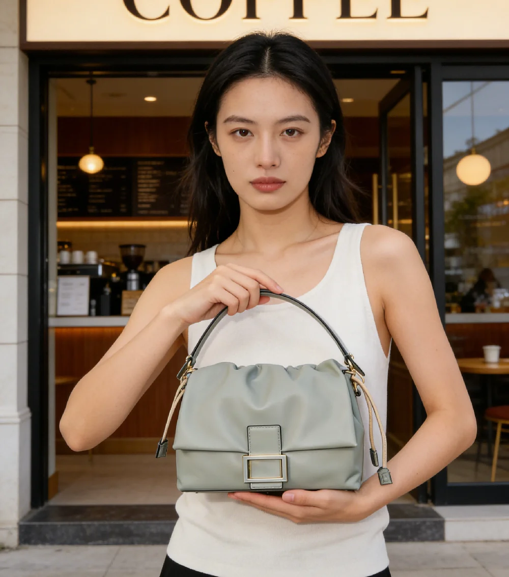 Timeless Green Ruched Top Handle Handbag with Buckle Detail, Structured Silhouette for Office Commute and Daily Errands