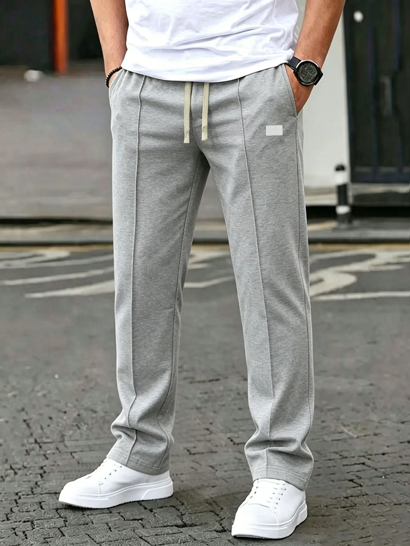 Einfarbige Herrenhose mit Kordelzug an der Taille, normale Passform, lässige, bequeme Taschenhose für Frühling und Herbst, Herrenhose für den Alltag – Detail 12