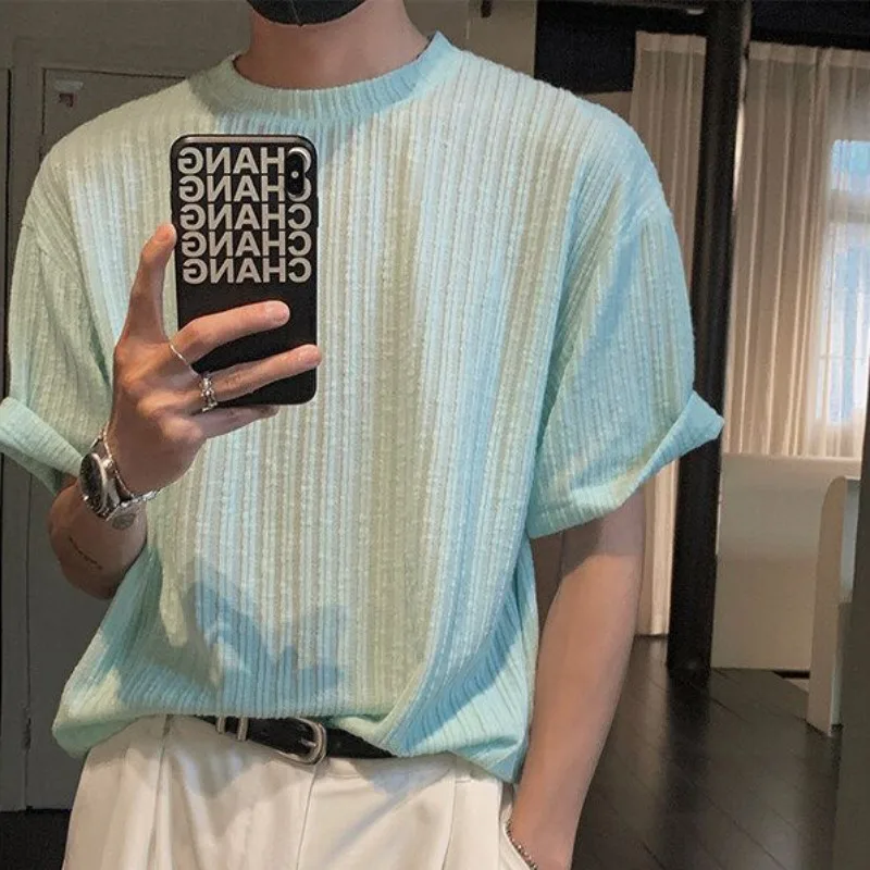 Texture Vertical Stripe Ice Silk T-shirt for Men Summer Thin Hanging Short Sleeved Pullover Tops Rugged Handsome T-shirts Soft