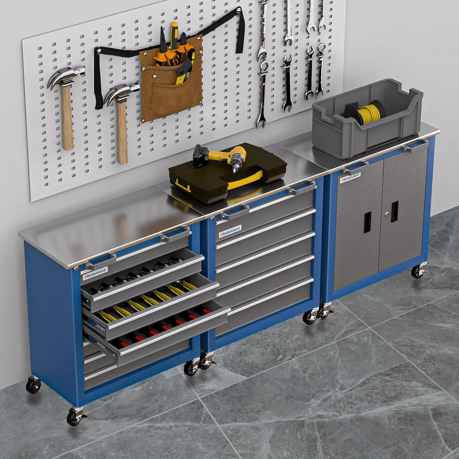 Armário de armazenamento de ferramentas de 12 gavetas com bancada de aço inoxidável, baú de ferramentas de 7 gavetas, 5 gavetas, uso conectado