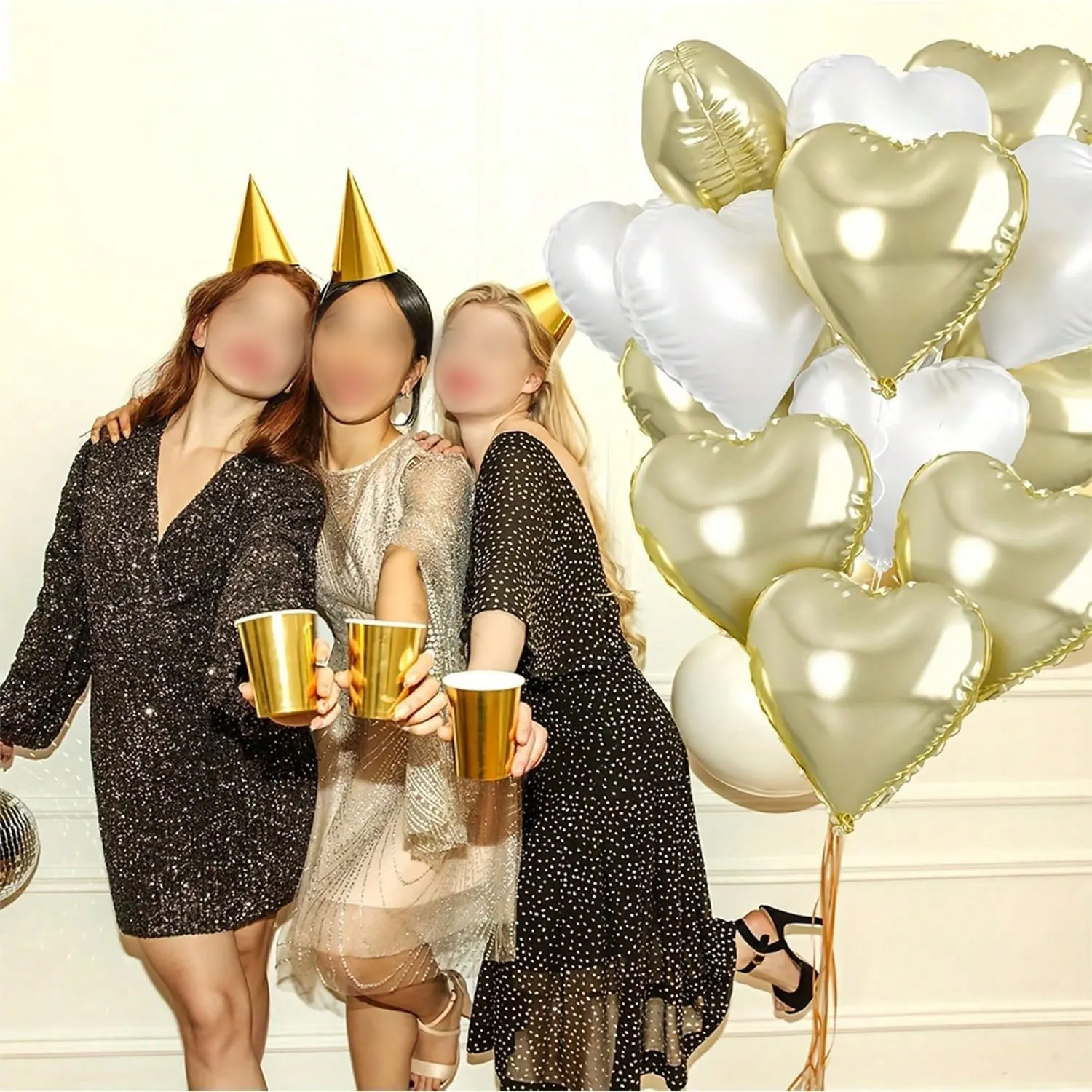 16 Stück/Set 45,7 cm großer herzförmiger Folienballon in Hellgold und reinweiß, geeignet für Geburtstag, Jahrestag, Hochzeit, Valentinstag – Detail 3