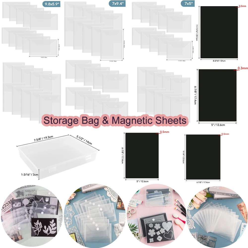 10pcs/set Resealable Plastic Envelopes Pockets And 0.5mm Strong Magnetic Sheets Bundle Set For Dies Crafts Organizer Storage Bag