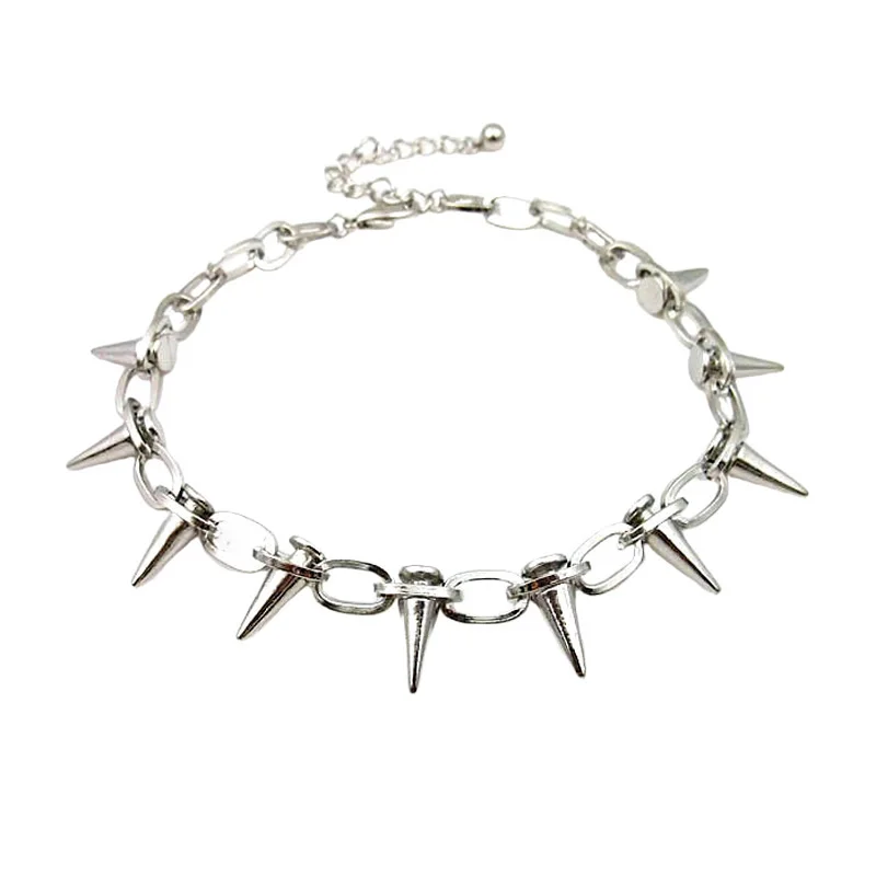 Unisex Spike Cone Statement Bib Necklace Bracelet Set Gothic Punk Mens Womens Black Golden Metal Choker Bangle Jelwery Jewelry view 4