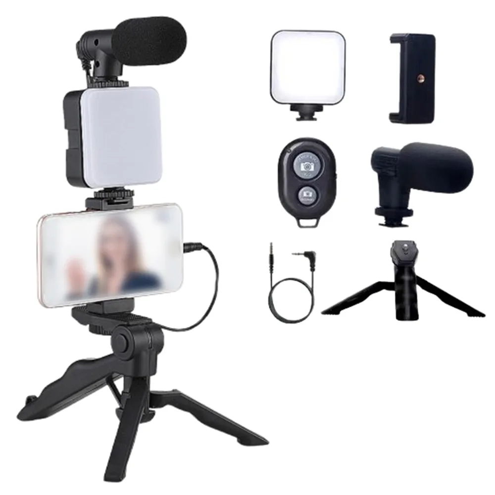 

Rotating LED Fill Light Desktop Stand Set with Light and Microphone Handheld Tripod Phone Stand Stabilizer Portable Versatile