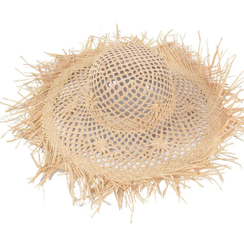 Cutout Straw Hat Hat For Women\'s Sun Hat French Style Large Brim Casual Solid Color Raw Edge Beach Style Raffia Hat 2021 панама