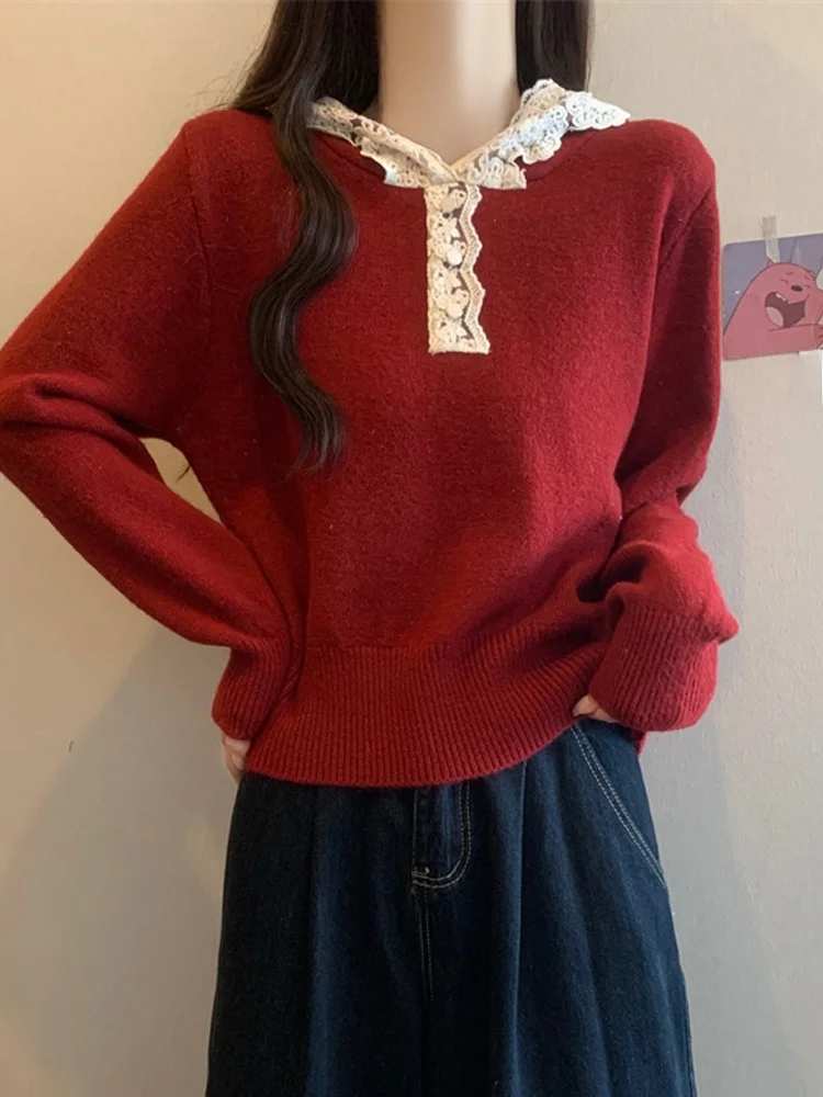 

Красный вязаный свитер с кружевными вставками и капюшоном, утепленный, свободного кроя, женский, зимний, теплый, с V-образным вырезом, длинными рукавами, повседневный, Fuixuan Commute