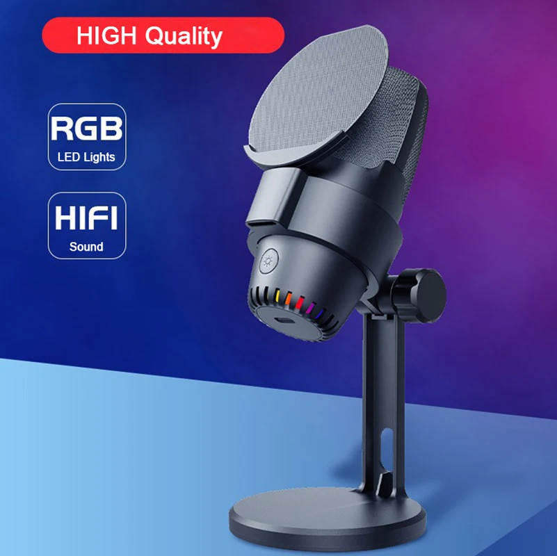 RGB Professional Computer Portable Lighting Gaming Mike Studio Condenser Mic USB Recording Microphone For PC Laptop