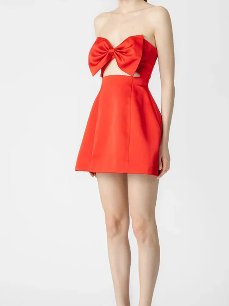 Mini Robe Sexy en Satin avec Nministériels d Rouge pour Femme, Tenue de Bal Élégante, Sans Bretelles, Dos aux, Ligne A, Chic, Noël