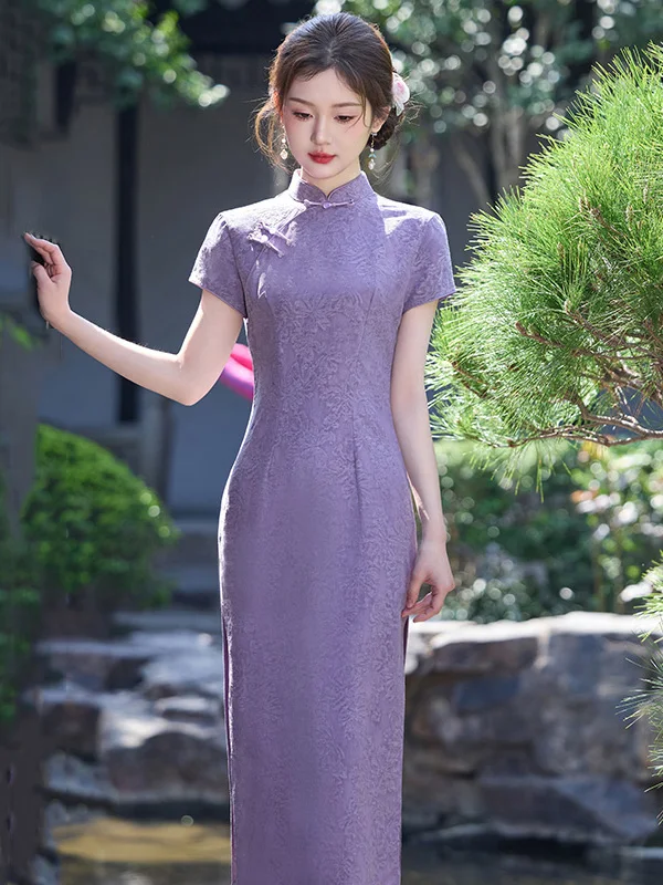 

Фиолетовое китайское длинное ципао для молодых женщин, ретро-стиль, повседневная одежда, летний модный традиционный костюм, элегантное платье