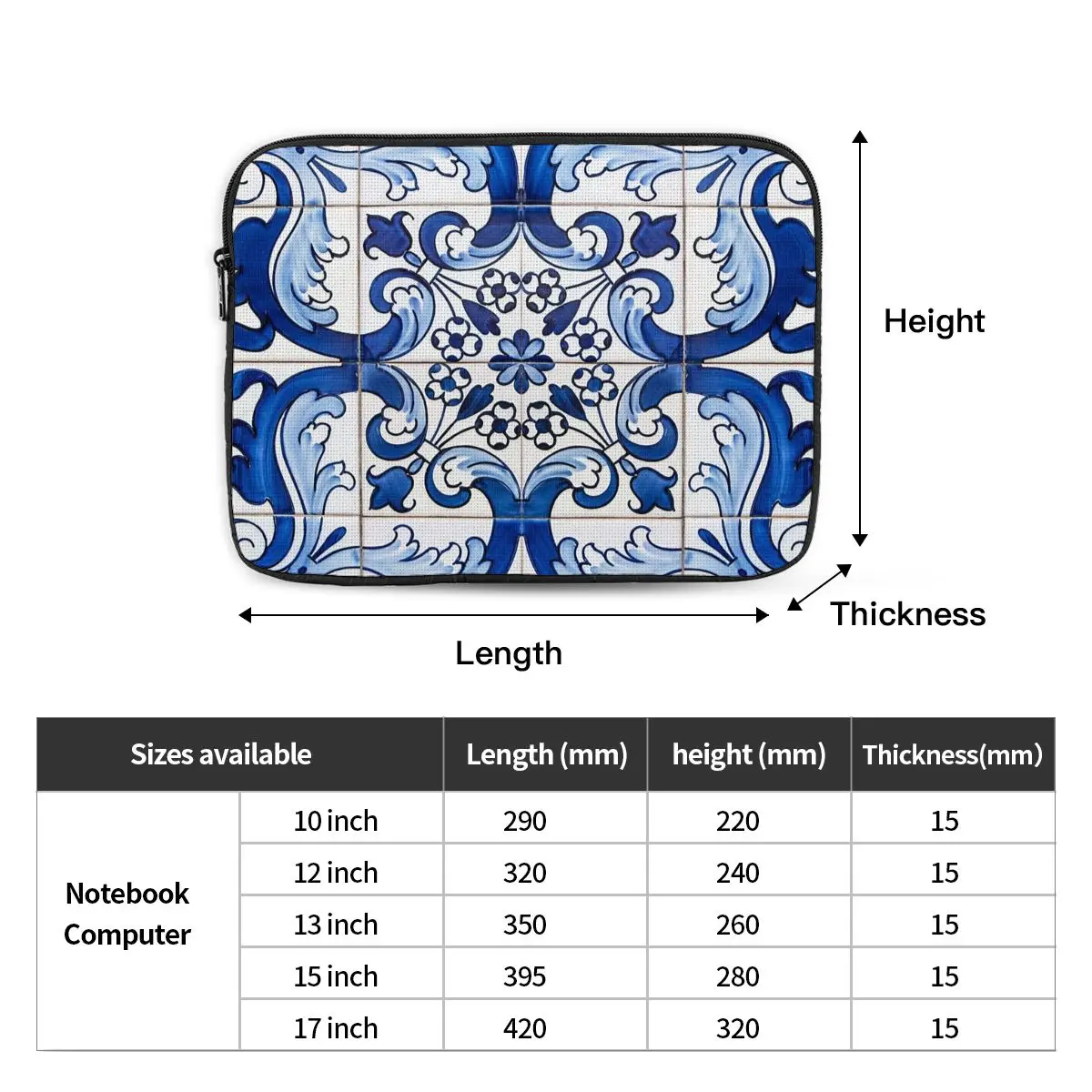Antique Classic Lisbon Blue Azulejo Tile Floral Pattern Notebook Laptop Bag Notebook Sleeve Cover Bag Tablet Shockproof Case Bag