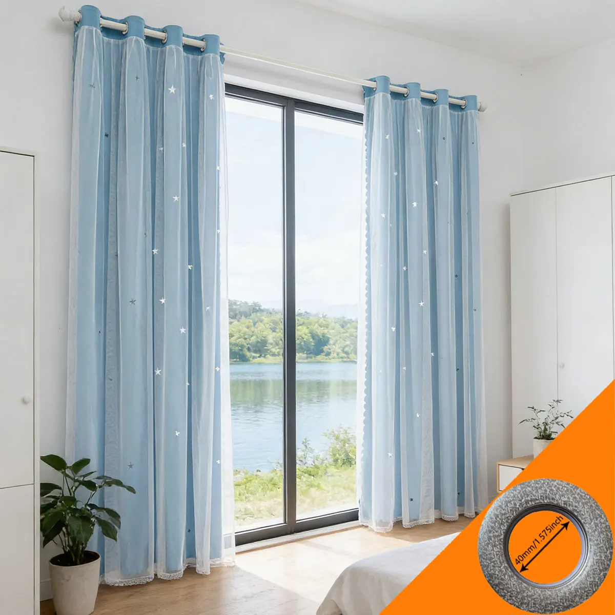 Blue Star Hollow‑Out Grommet Curtains 2pcs, Double‑Layer Sheer Tulle Drapes for Kids Bedroom