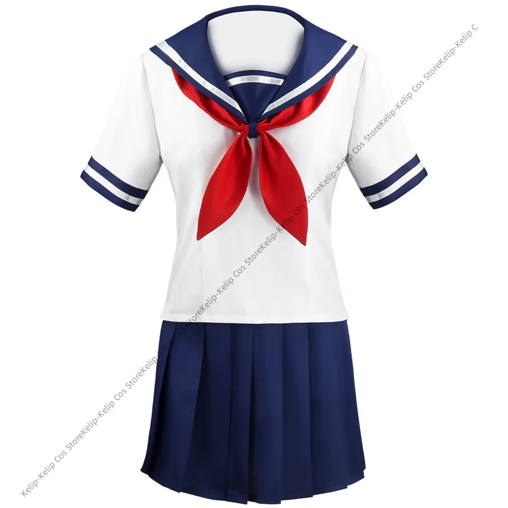 Gonna da marinaio blu navy per ragazza festa di Halloween Collant Loli Simulatore Yandere in pelle nera Parrucca costume cosplay Ayano Aishi