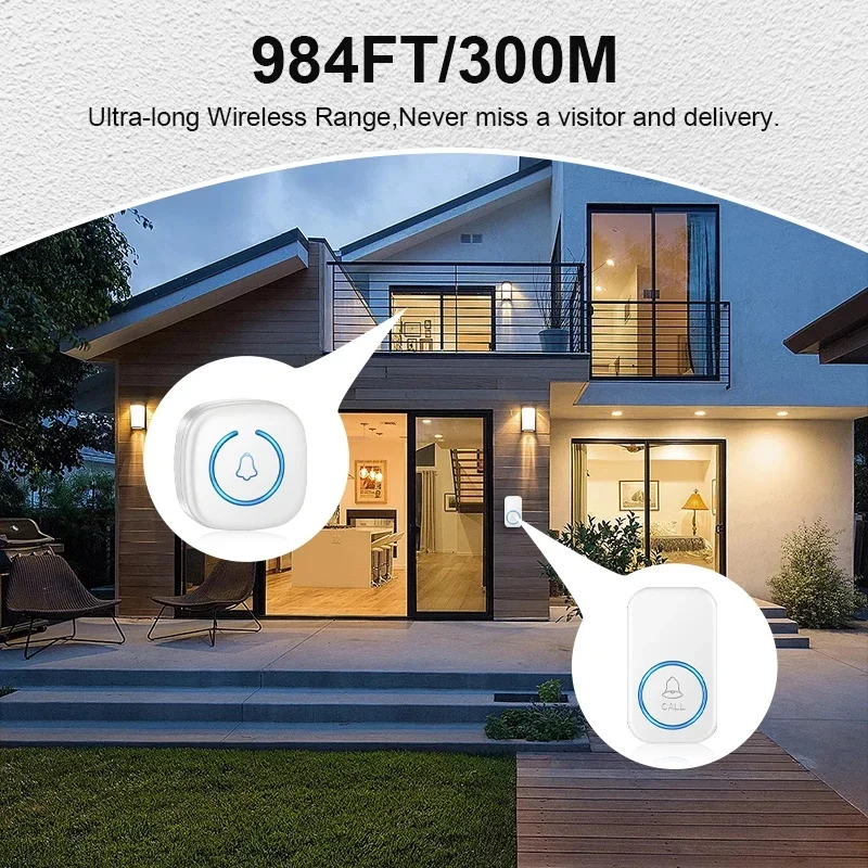 Wireless Intelligent Doorbell, 300M/984FT Long Remote Range, 60 Songs Melodies, Smart Welcome Door Bell, US EU UK Plug Optional