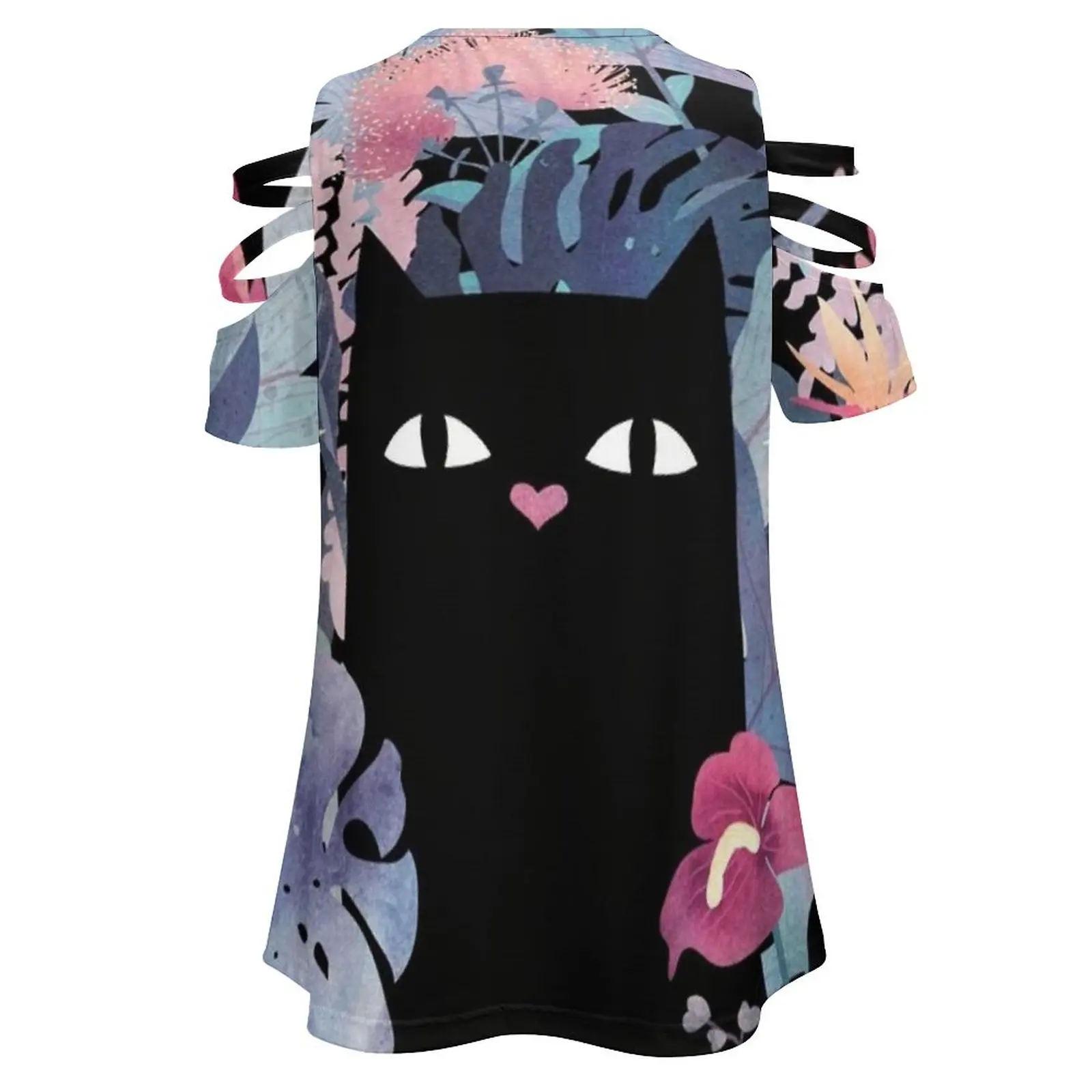 Popoki (Pastell Schwarzer Samt) Damen Reißverschluss Sexy Bedruckte Vintage T-Shirts Tops Volldruck T-Shirt Katze Schwarze Katze Kitty Hawaii