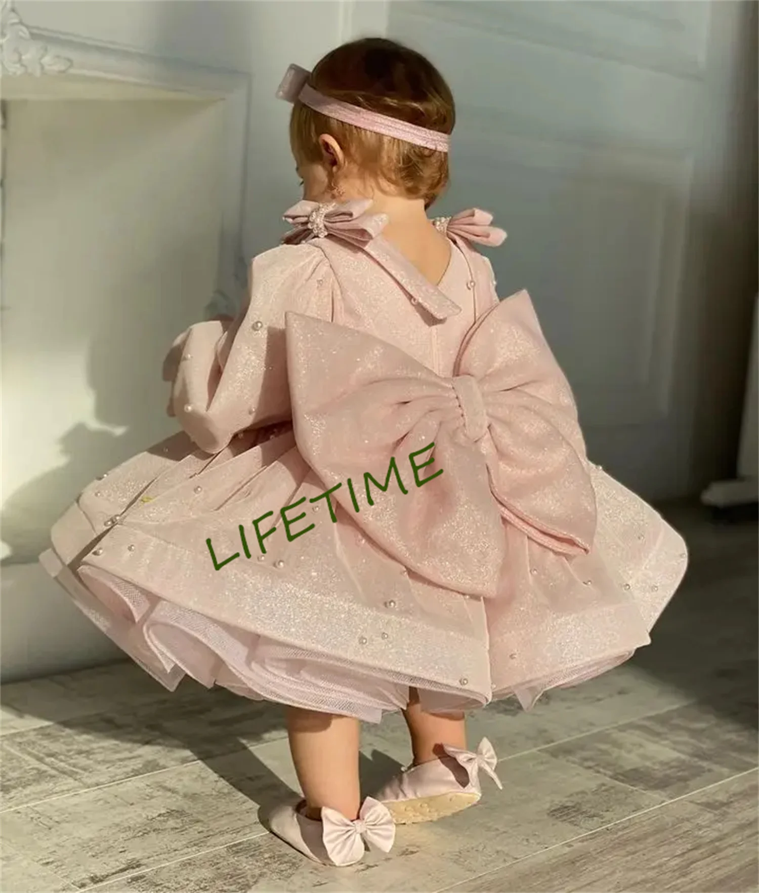 Robe à fleurs bouffantes pour petite fille, tenue de princesse à manches longues avec nœud, pour communion et anniversaire