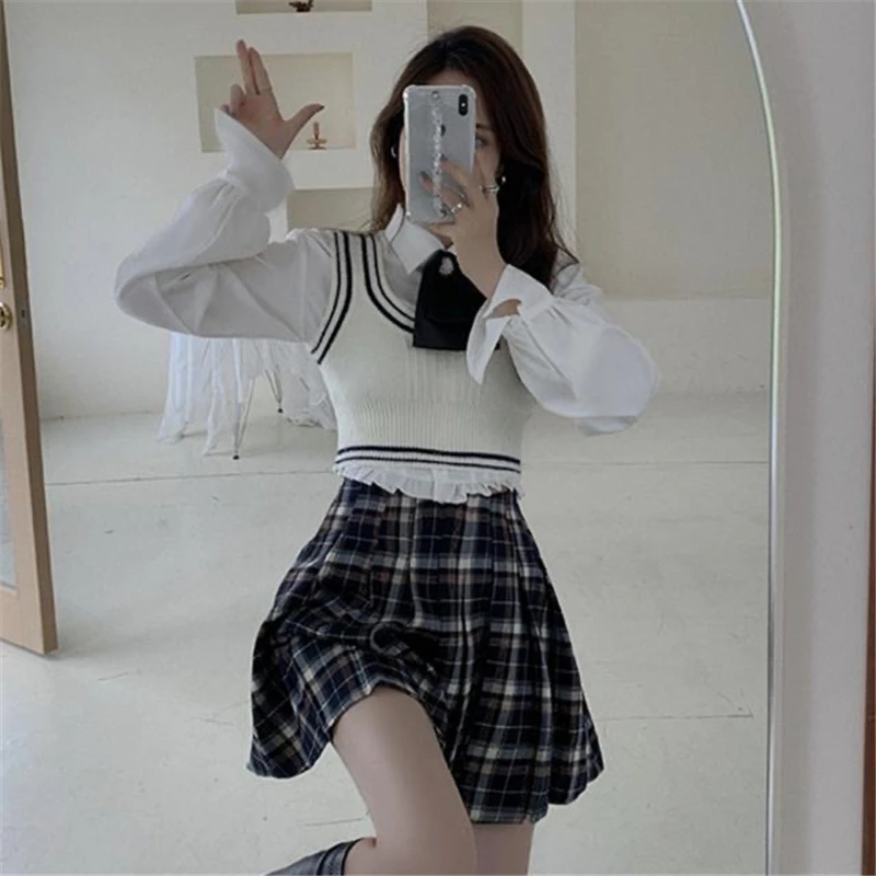 Autumn Preppy Style Uniform 4-piece Set Girls Korean Knitted Vest White Shirt Ribbon Bow High Waist Plaid Skirt JK Uniform Suit