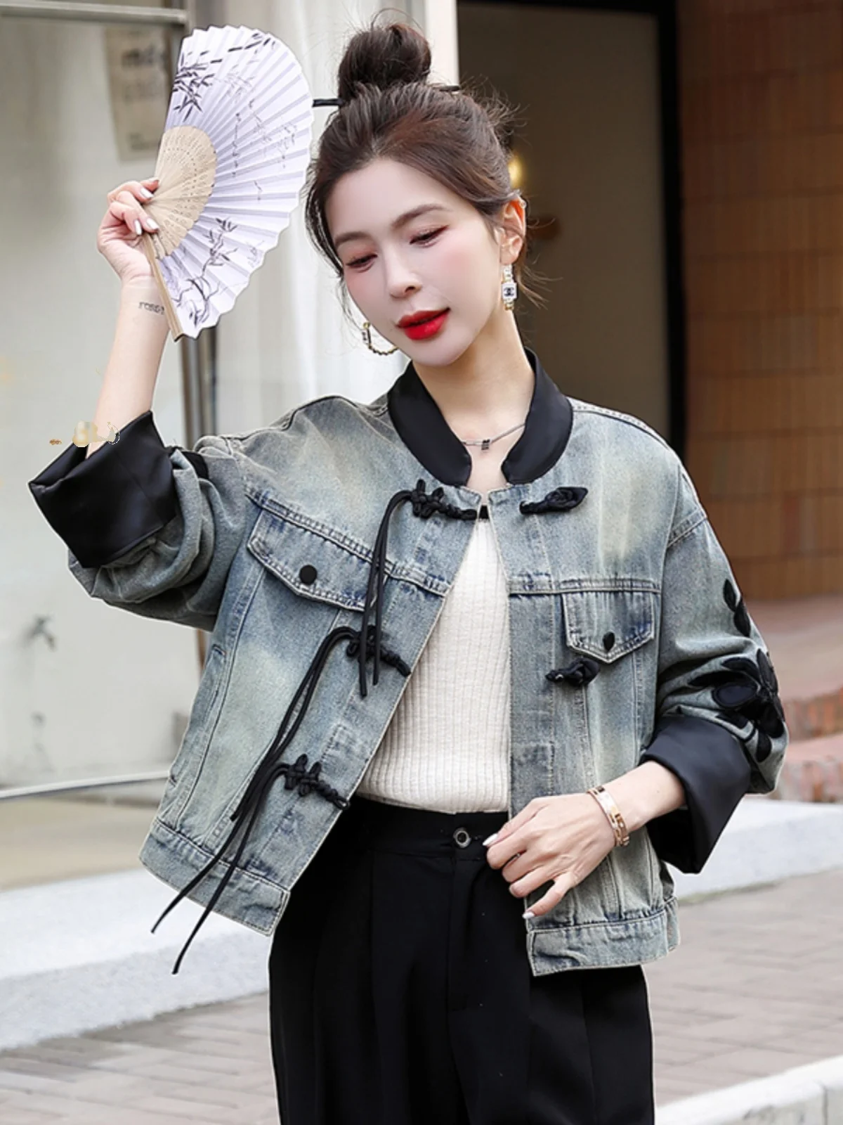 Brodé boutonné ort ample femmes Denim Jaet chinois Sle haut cousu conception florale décontracté trajet Faion