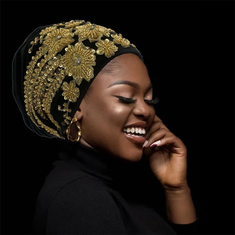 아프리카 여성 랩 머리 보닛 이슬람 터번 모자 레이디 헤드 랩 반짝이 발광 구슬 여성을위한 Pleated Turban 모자