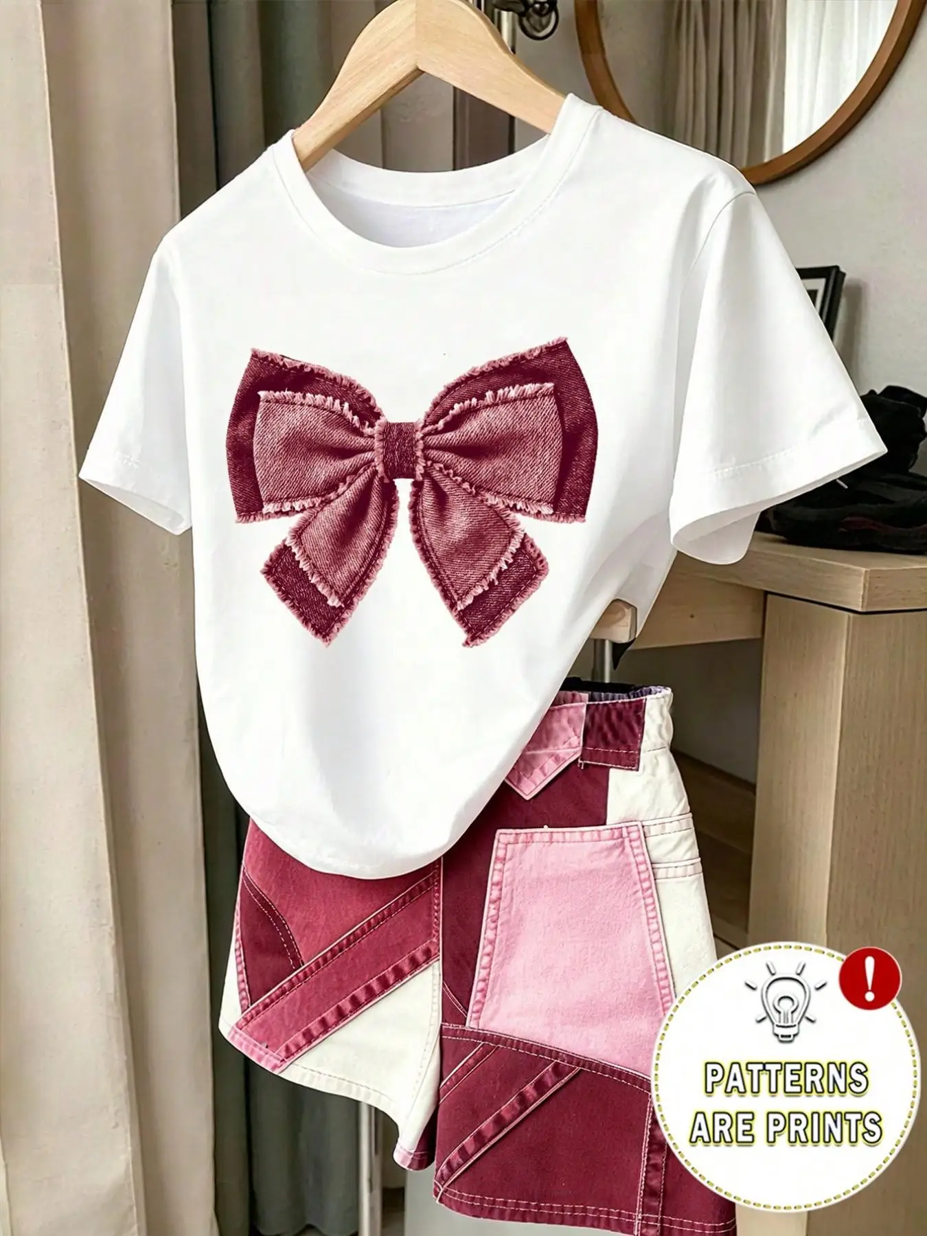 Sommer-Freizeitoutfit für Mädchen, Kinder-Set mit Schleifendruck, lockeres Kurzarm-Oberteil + bedruckte Shorts, zweiteiliges Set, geeignet für Kinder ab 3 Jahren, vielseitige Kleidung – Detail 1