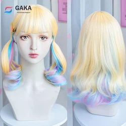 GAKA Rainbow Blonde Mixed Long Wavy Wigs with Bangs Synthetic Lolita Cosplay Women Nature Hair Wig for Daily Party