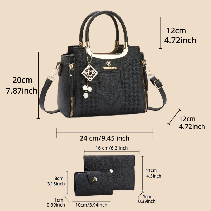 3-teiliges Handtaschen-Set aus PU-Leder mit Lychee-Struktur. Diese einfarbige Damen-Umhängetasche hat eine hochwertige Textur. – Detail 3