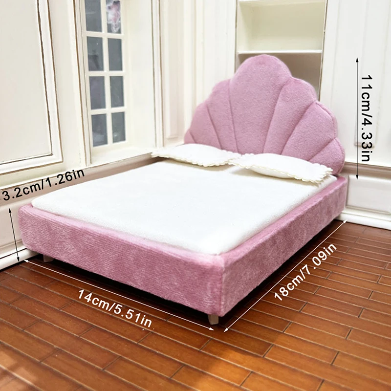 1:12 Dollhouse Mini Pink Double Bed Flannel Shell Bed Model W/Pillow Doll Bedroom Furniture Decor Toy Micro Scene Props