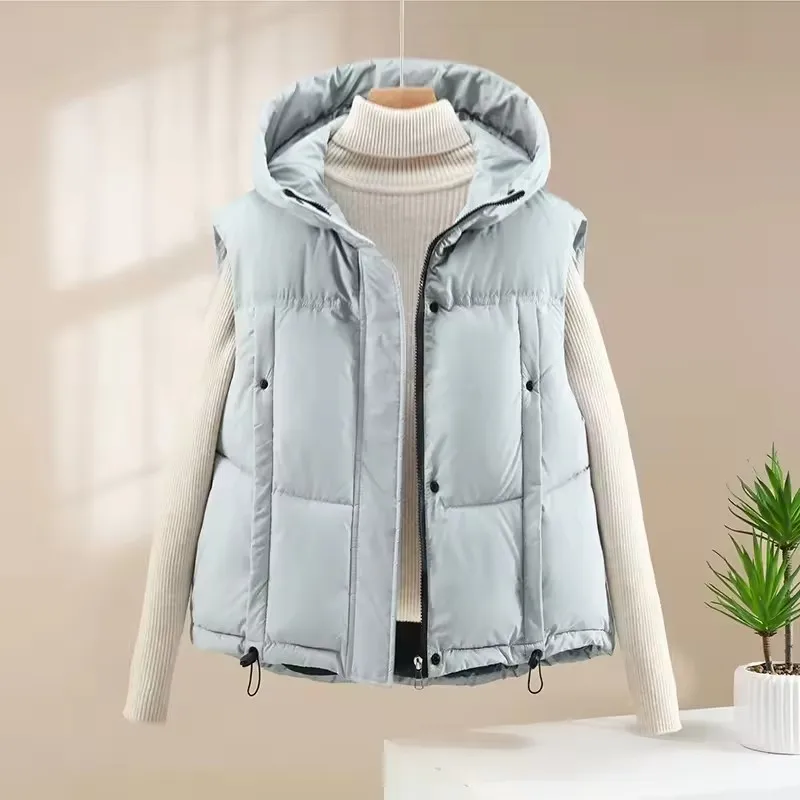 New Winter Hooded Cotton Vest Jacket Women Loose Casual All-match Sleeveless Padded Waistcoat Ladies Warm Outwear Tops Female