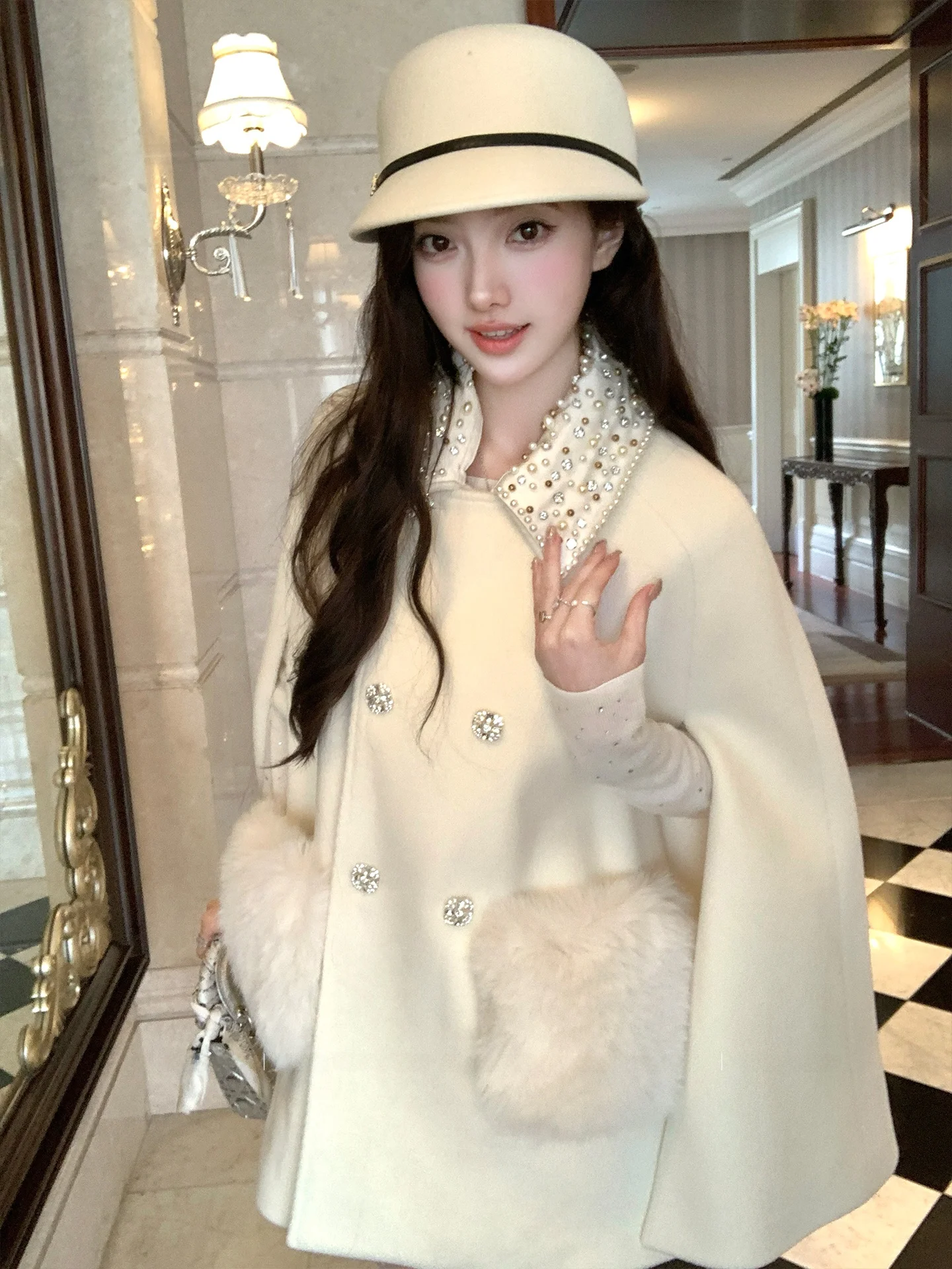 Acaine White Island Ice Vine Pearl Collar Woolen Coat Women's Winter Fashion Outerwear Diamond Buckle Elegant Feel Coat