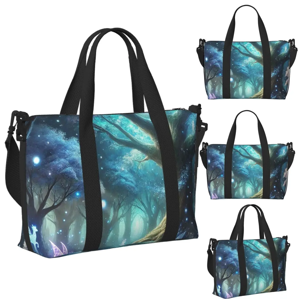 

Custom Glowing Enchanted Forest With Fairies And Magical Creatures Beach Travel Bag Tote Bags Women Shopping Duffle Shoulder Bag