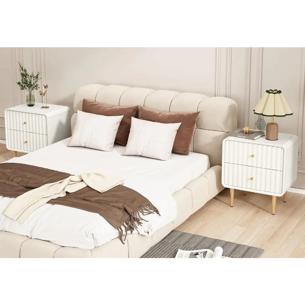 طقم منضدة حديثة مكون من 2، طاولة جانبية للسرير مع درجين للتخزين، طاولة نهاية خشبية بمقبض معدني ذهبي، ش ليلي أبيض #3