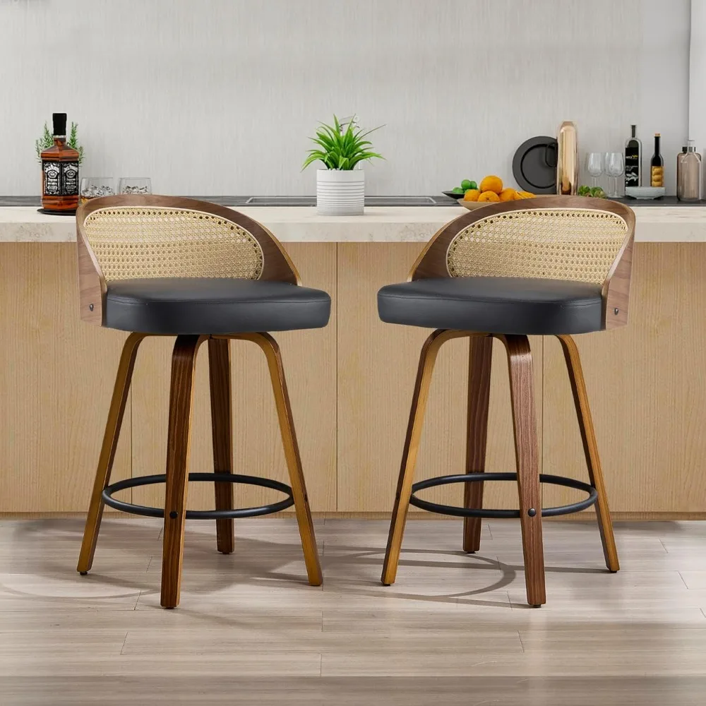 

26 inch Swivel Bar Stools with Back, Set of 2 Mid-Century Modern Walnut Barstools, PU Leather Bar Chairs with Footrest for Kitch