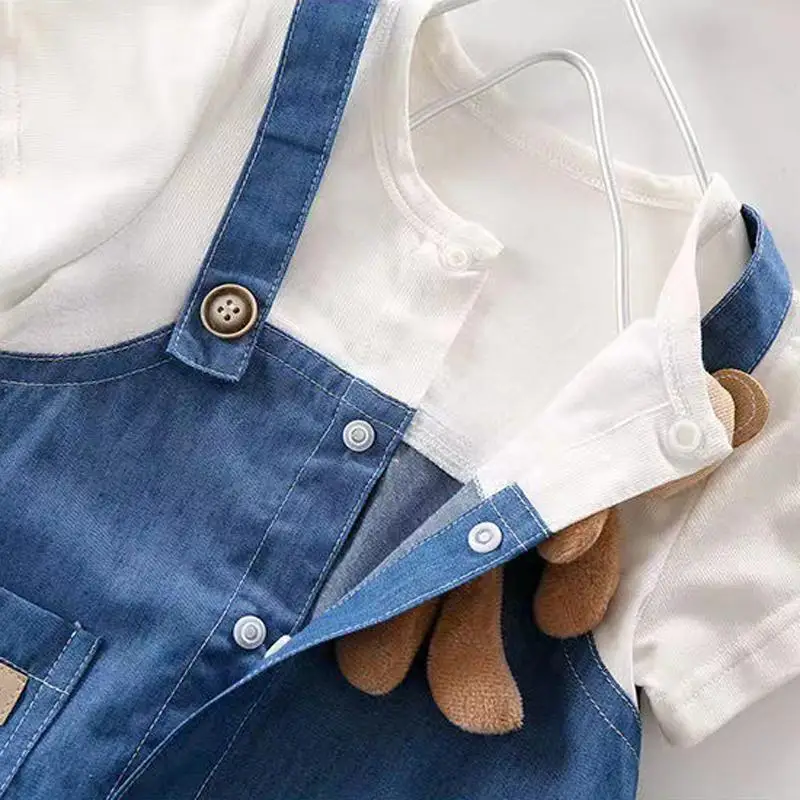 Ropa de verano para bebé, mono falso de dos piezas con tirantes de oso, pelele vaquero para niño y niña, traje infantil coreano