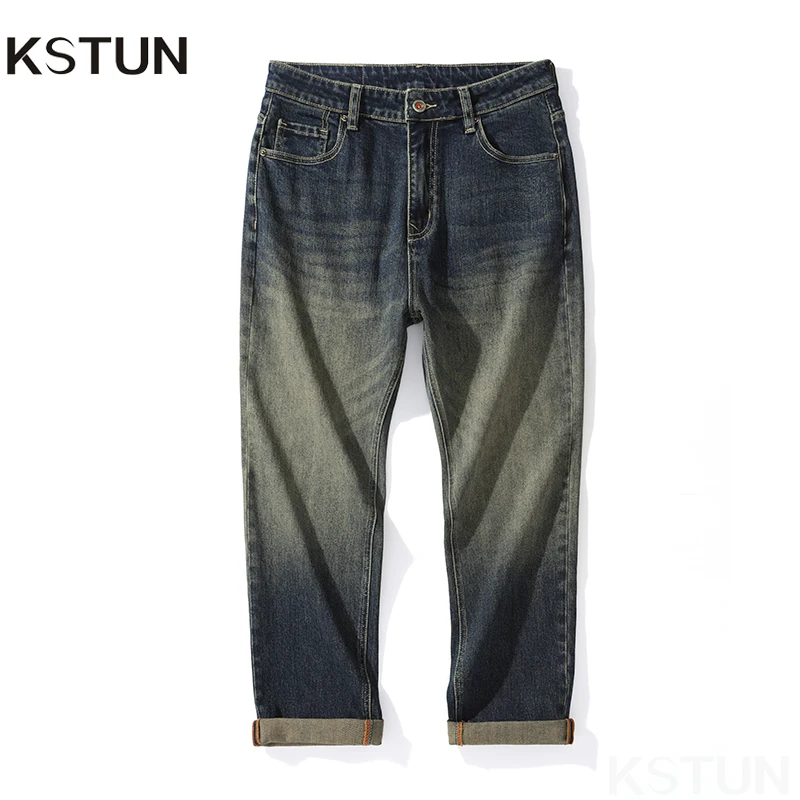 

KSTUN Autumn Stretch Jeans For Men Straight Loose Wide Leg Trousers Denim Pants Vintage High Quality Mens Clothing Hip Hop