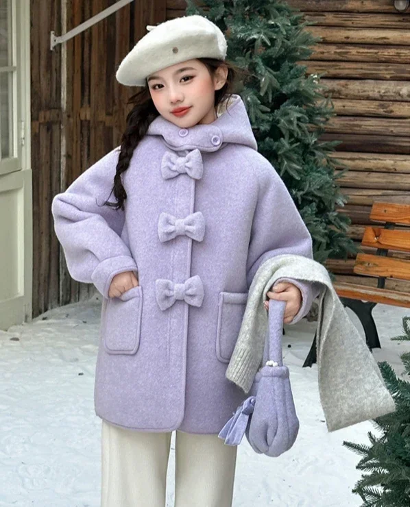 Children Bow Button Long Wool Coat 2024 Winter New Children Clothing Girls Sweet Purple Hooded Wool Coat