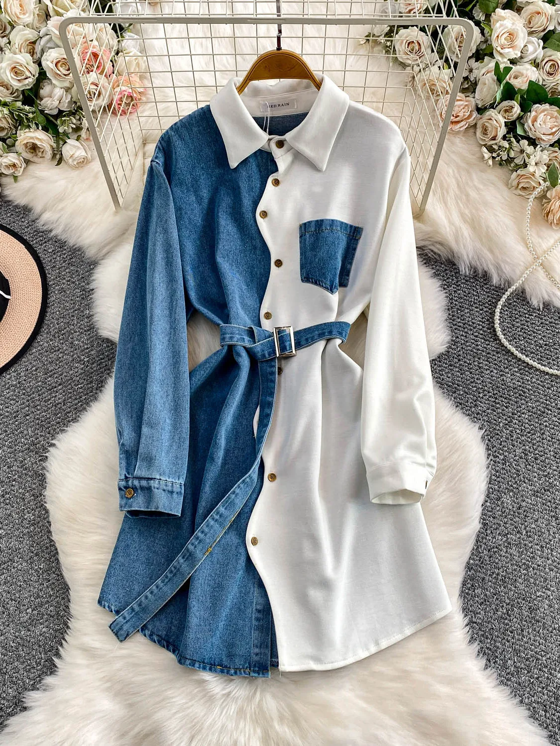 

Ретро-платье-рубашка в гонконгском стиле с одной пуговицей, цветными вставками и джинсовым эффектом, женское, осенне-зимнее, с поясом на талии, миди-длина