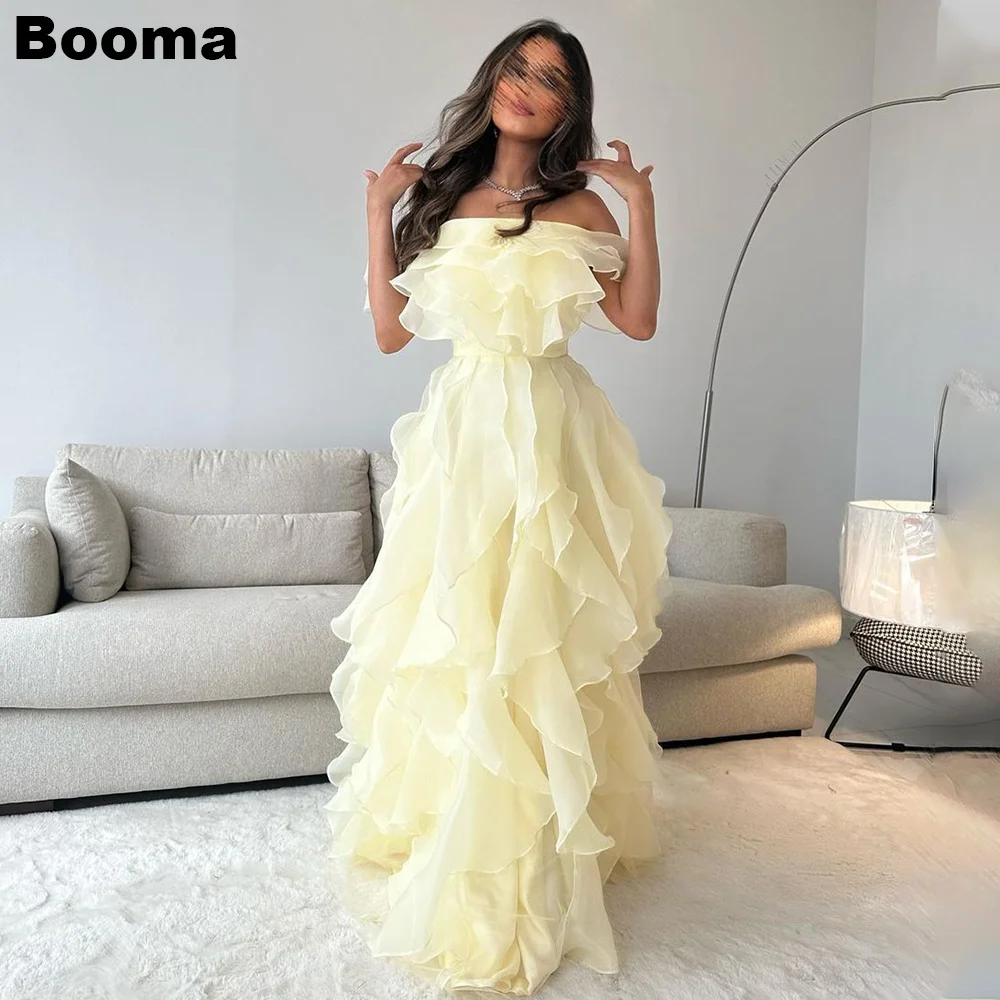 

Booma Light Yellow A-Line Prom Dresses for Women, Boat Neck Ruffles Evening Dress, Tiered Organza Long Formal Party Gowns Dubai