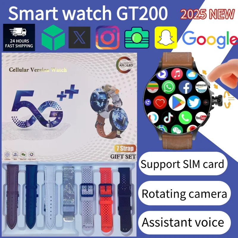 

2025 GT200 Android Smart Watch 1 95 Inch AMOLED Display Rotating Camera 256GB Storage GPS 5G LTE Waterproof Sport Men Fitness